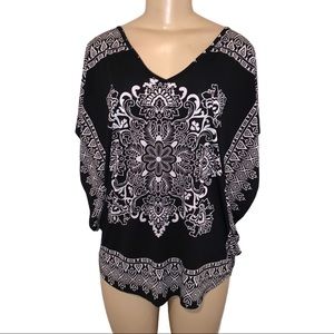 BK&W Kimono Batwing Geometric Floral Flowy V-Neck Blouse Shirt